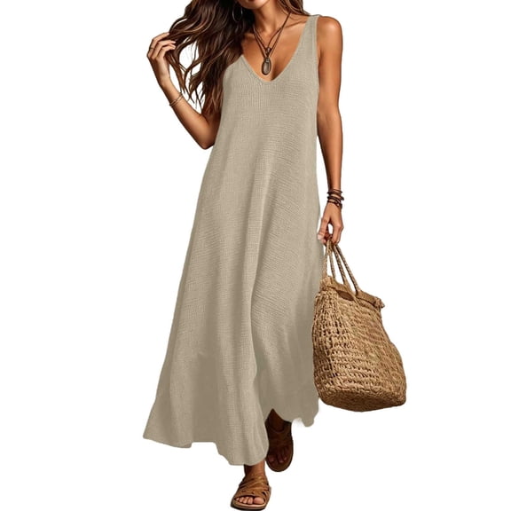 Dvprdro V Neck Sleeveless Ribbed Knit Soft Stretchy Loose A Line Maxi Dress for Women 2026 Summer Beach Vacation Solid