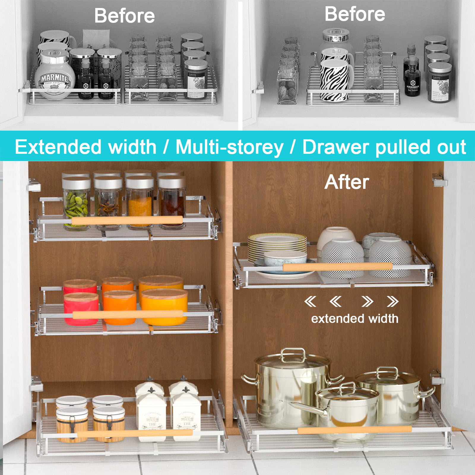 Pop-It Set of 2 Adjustable Sliding Cabinet Organizers with Wooden Panel