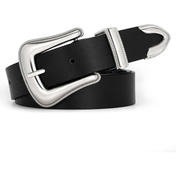 Women's Western Belt Vintage Black Leather Waist Belt for Pants Jeans with Gold Buckle