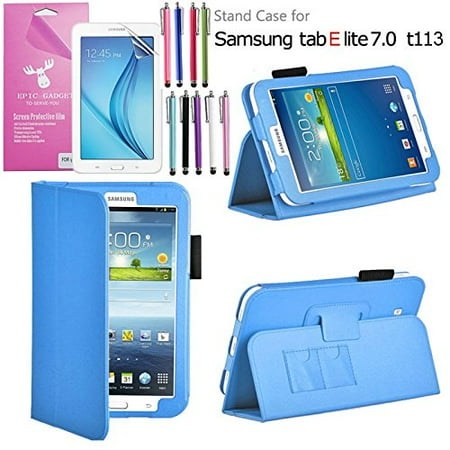 Leather 2 Pen Case Galaxy Tab E Lite 7.0 Case, for SM-T110/T111, T113/T116, EpicGadget(TM) Auto Sleep/Wake Premium PU Leather Folding Folio Cover Case with Built in Stand + Screen Protector + 1 Pen (Light Blue) ()