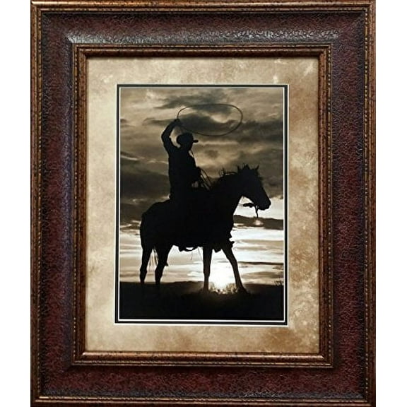 Cowboy Riding at Sunset | Framed Rustic & Western Art in Double Mat | 25L X 29W" Inches