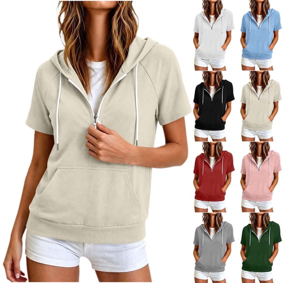 Sevevn Women's Short Sleeve Hoodie Half Zip Pullover Hooded Sweatshirt with Pocket Casual Raglan Sleeve Tops Beige XXL