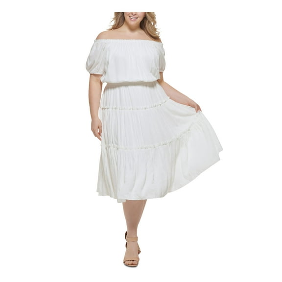 TOMMY HILFIGER Womens Ivory Lined Smocked Pullover Ruffled Short Sleeve Off Shoulder Below The Knee Fit Flare Dress Plus 14W