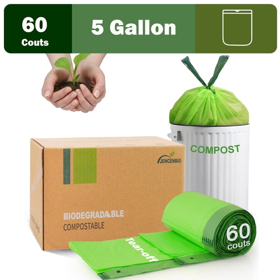 JENCENBIO Compost garbage bags 5 Gallon with drawstring tear off 20 Liter Extra Thick 0.78 Mils Compostable Food Scrap Waste Bags with US BPI ASTM D6400 and Europe OK compost HOME Certified 60 Counts
