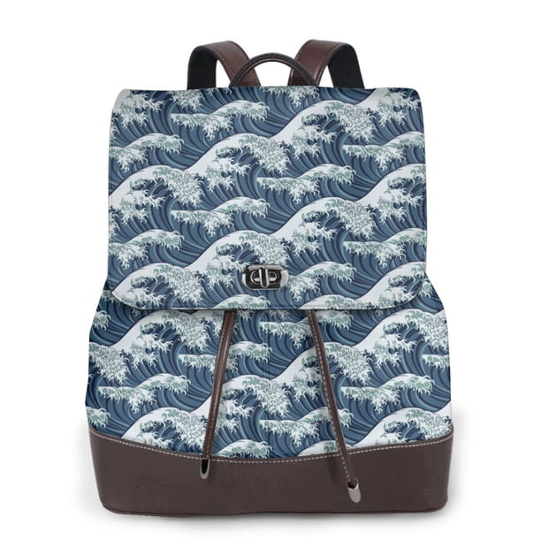 Balery A Japanese Great Wave Mochila de Cuero para Mujeres, Gran Capacidad, Bolsa de Viaje Multifuncional, Mochila de Cuero y Bolsa de Hombro para Mujeres