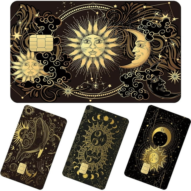 Peau de Carte de Crédit Soleil et Lune - 4 Pcs Autocollants de Peau de Débit Mystère Soleil et Lune Design Tarot Noir Or Ensemble de Décalcomanies de Crédit pour Transport Clés Cartes de Débit Bus Femmes