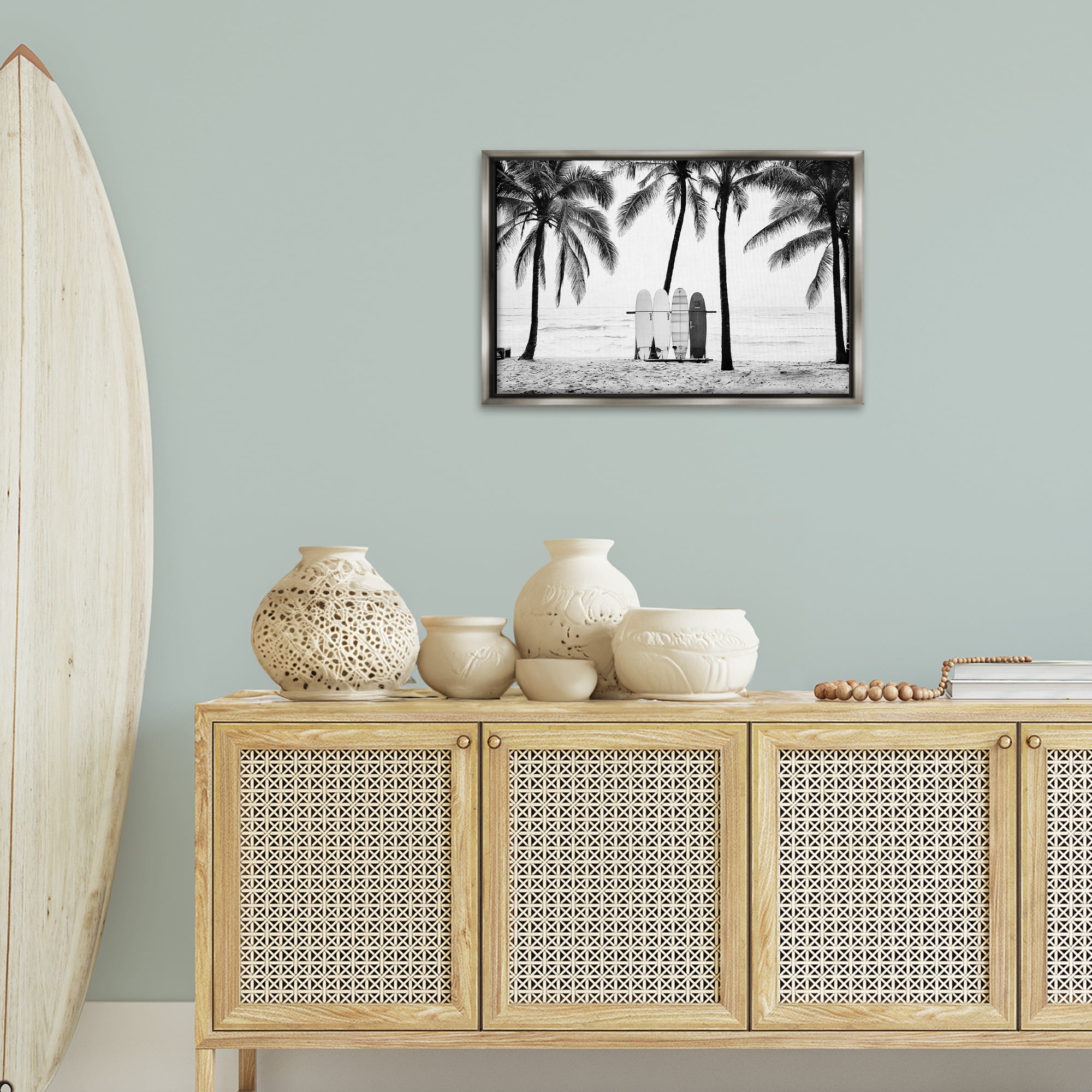 Stupell Industries Centered Surf Boards View Nautical & Beach Photography Gray Floater Framed Canvas Art Print Wall Art, 25 x 17