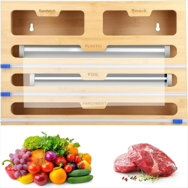 Organizador de Envoltorios 5 en 1 con Cortador y Etiquetas, Dispensador de Papel de Aluminio para Organizar el Almacenamiento de la Cocina.