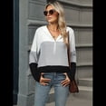 thumbnail image 4 of Suéter con Capucha y Media Cremallera para Mujer, Talla Grande, Color Block, Punto Acanalado, Cuello en V, Larga Gris XXL, 4 of 10
