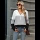 thumbnail image 4 of Suéter con Capucha y Media Cremallera para Mujer, Talla Grande, Color Block, Punto Acanalado, Cuello en V, Larga Gris XXL, 4 of 10