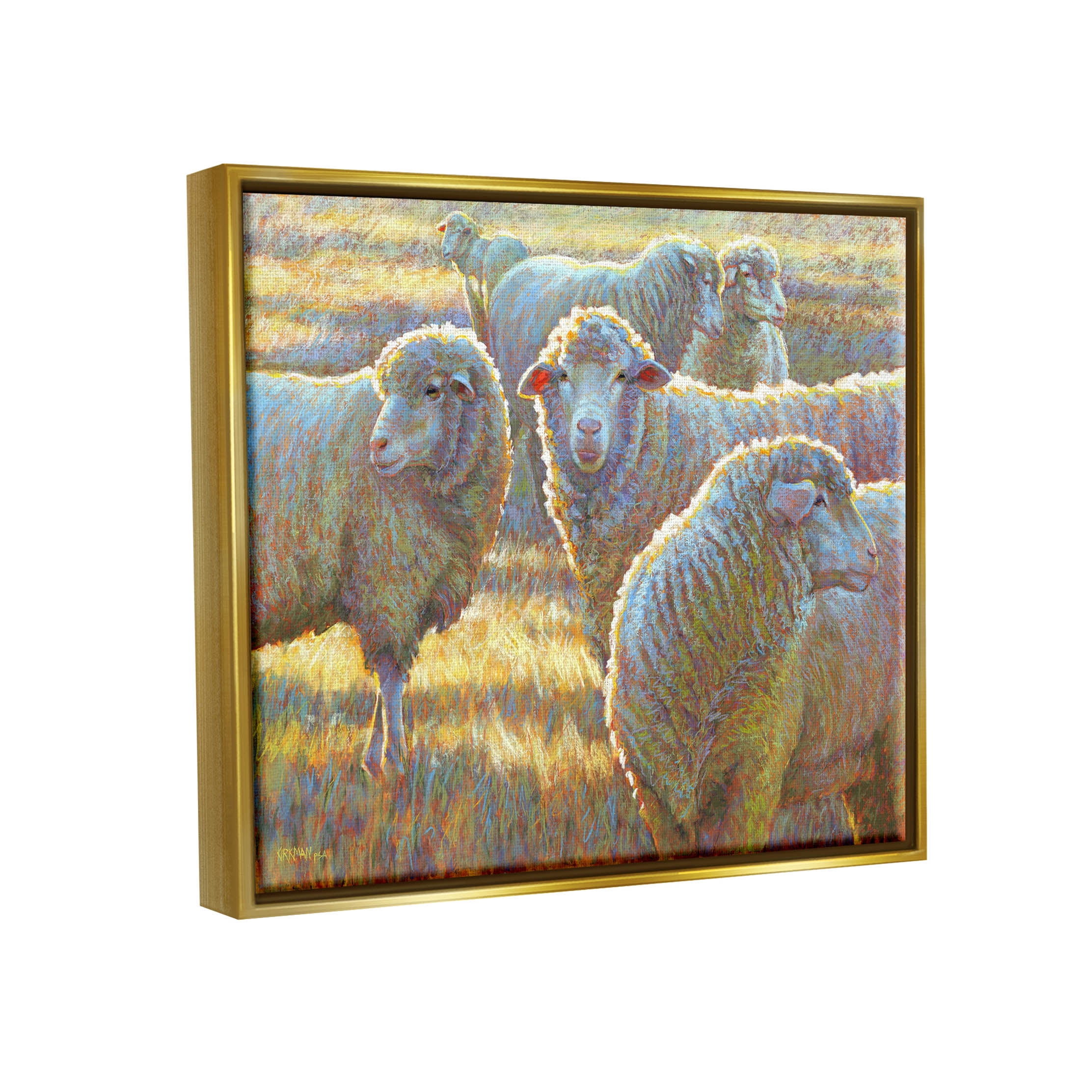 Sheep Herd Grazing Grassland Animals & Insects Painting Metallic Gold Framed Art Print Wall Art