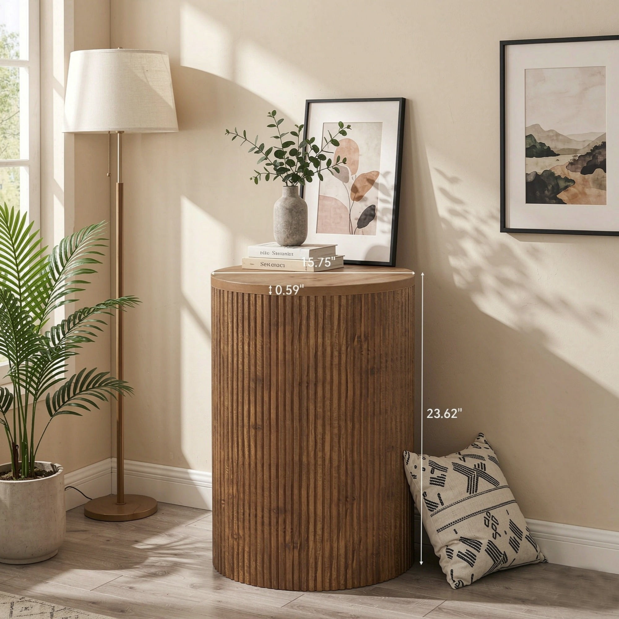 Wooden Round Side Table with Storage & 4 Wheels, No-Assembly Fluted End Table