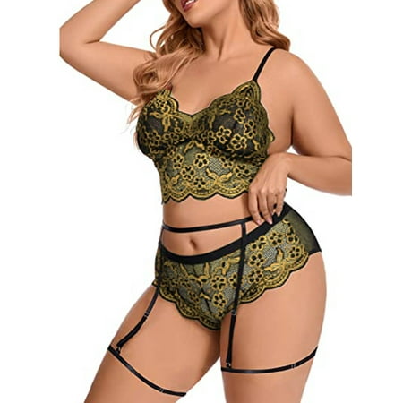 

Abtel Women Teddy Babydoll 3 Piece Lingerie Set Deep V Neck Sexy Bodysuit With Garter Belt Ladies Push Up Floral See Through Yellow L