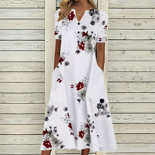 CHOK Robes d'Été pour Femmes à Boutons avec Poches Grande Taille Bohème Décontractée Longue Robe Maxi Imprimé Floral Manches Courtes Col en V Longueur sous le Genou Évasée Ligne A Maison Ample Robes Soleil