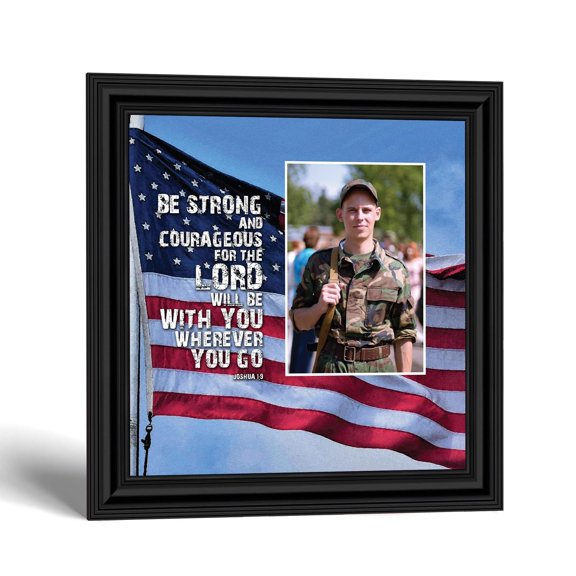 Be Strong and Courageous, Biblical Military Gift, American Flag Picture Frame, 6341B