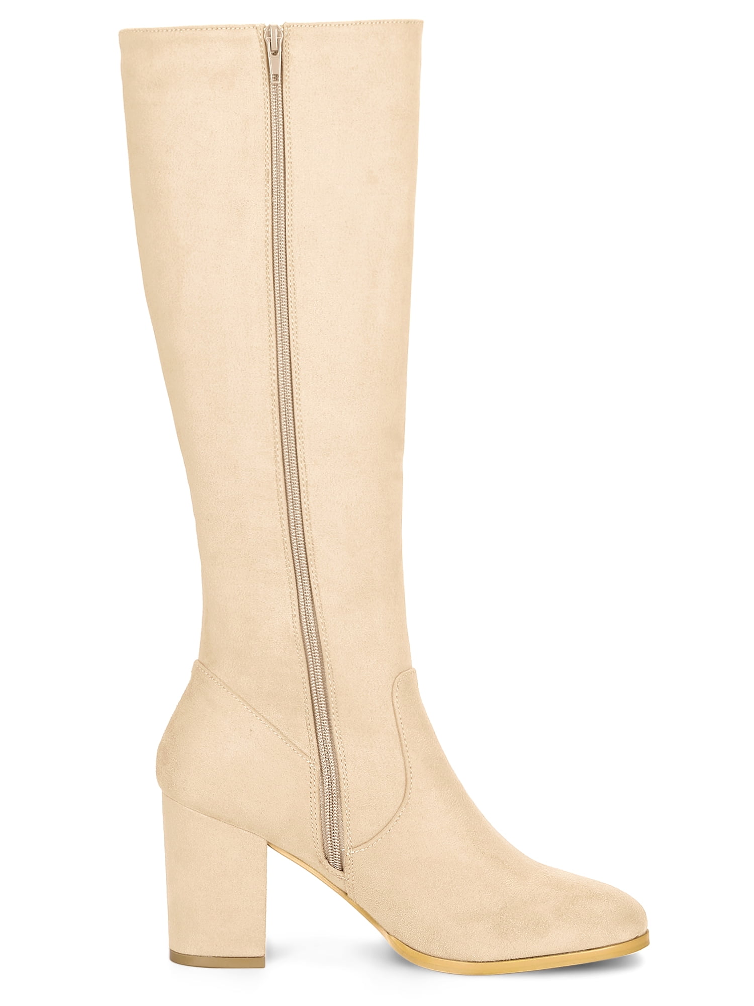 DARING DIVA Women's Stylish Side Zipper Chunky Heel Knee High Boots Beige 9