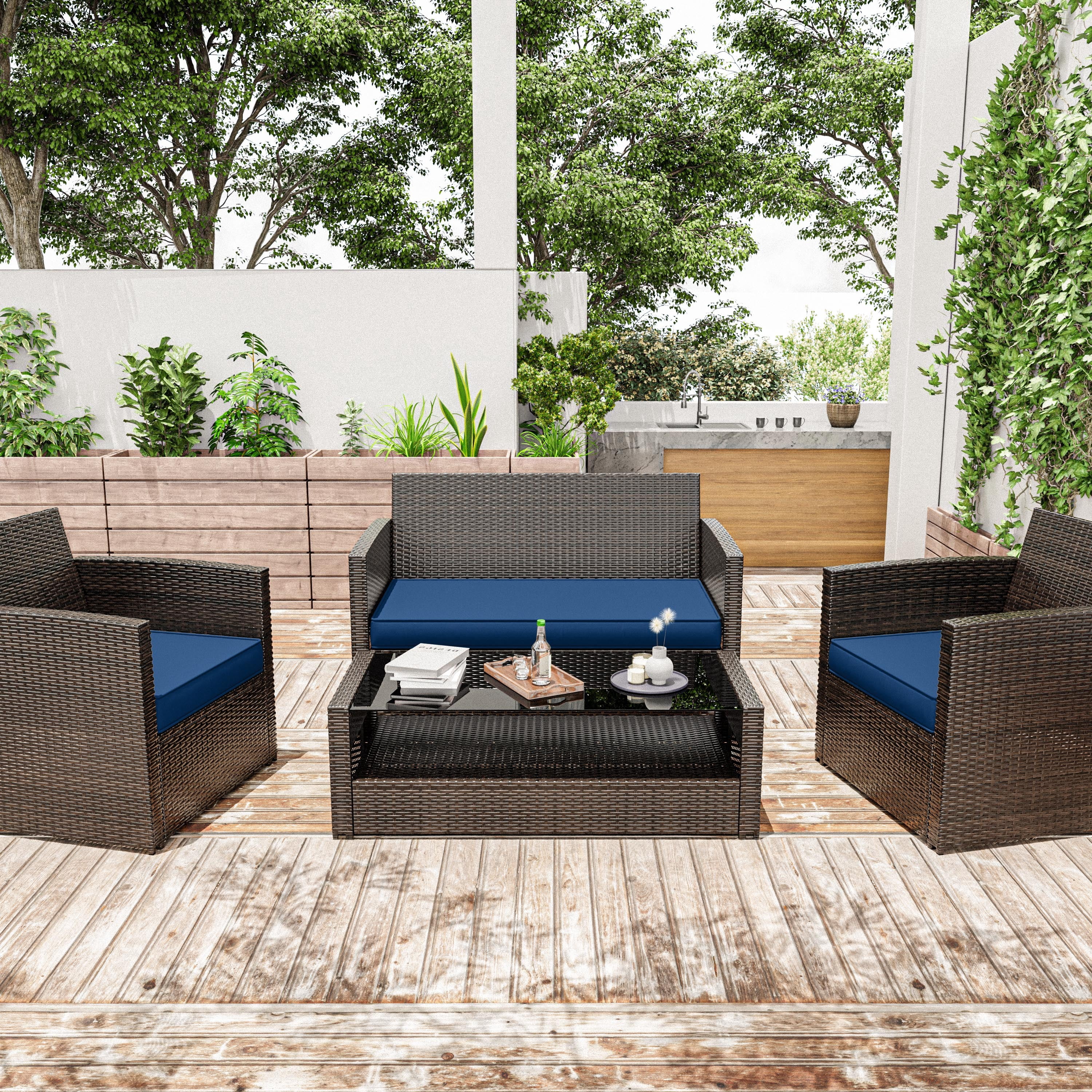 Snubbull 3 Pack Outdoor Replacement Cushions for 4-Seater Wicker Rattan Loveseat Sofa Chair Patio Furniture, 36 x 18 x 3,18 x 18 x 3, Blue