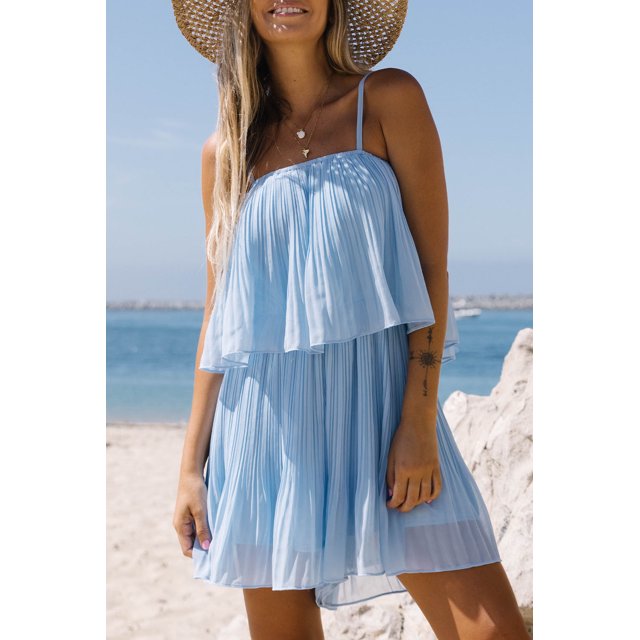ABPHQTO Mini vestido escalonado con tirantes finos plisados azul cielo para mujer