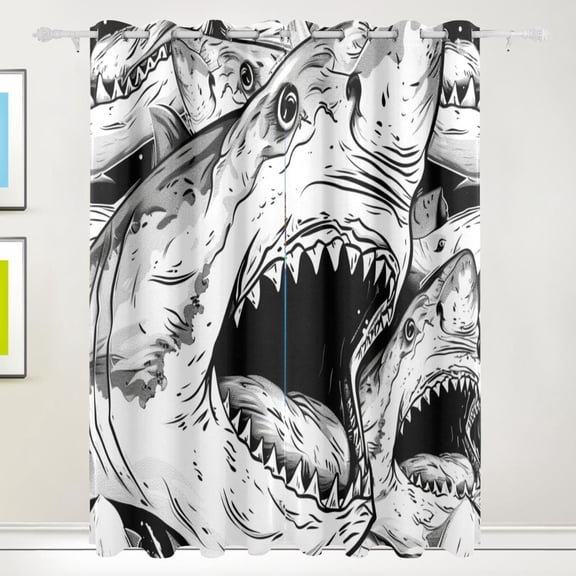 Sharks Grey Black Out Curtains 84 Inch Length Curtains for Sliding Glass Doors Bedroom Living Room 2 Pack