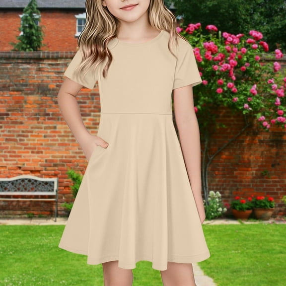 Juslio Girls Dress Summer Beach Short Sleeve Pockets A-line Knee Length Casual Beige Sundress