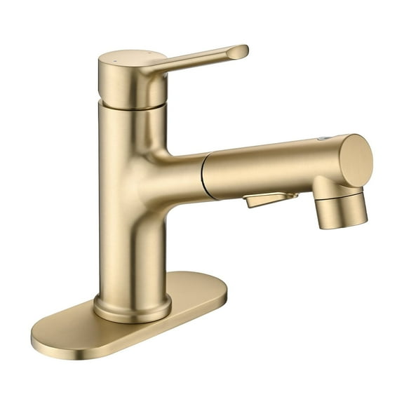 Bathroom Sink Faucet with Pull Out Sprayer, Single Handle Modern Bathroom Basin Faucet with Pop-up Sink Drain Stopper & Deck Plate,Brushed Gold