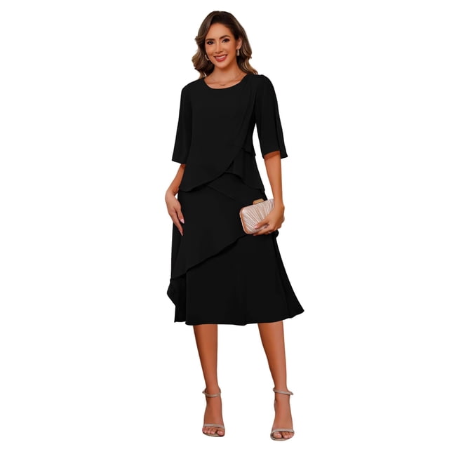 Vestido Miao Duo Black Flutter Chiffon largo hasta el té para mujer