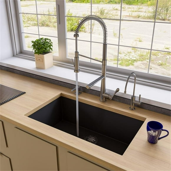 Pemberly Row Black 33" Single Bowl Undermount Granite Composite Kitchen Sink