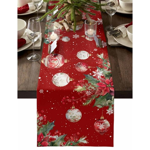 Christmas Table Runner Poinsettia Christmas Ball Table Runners Holly Berry Snowflake Red Cotton Linen Dresser Scarf Kitchen Dining Table Decor for Christmas Holiday Party Decor 13x72 Inch