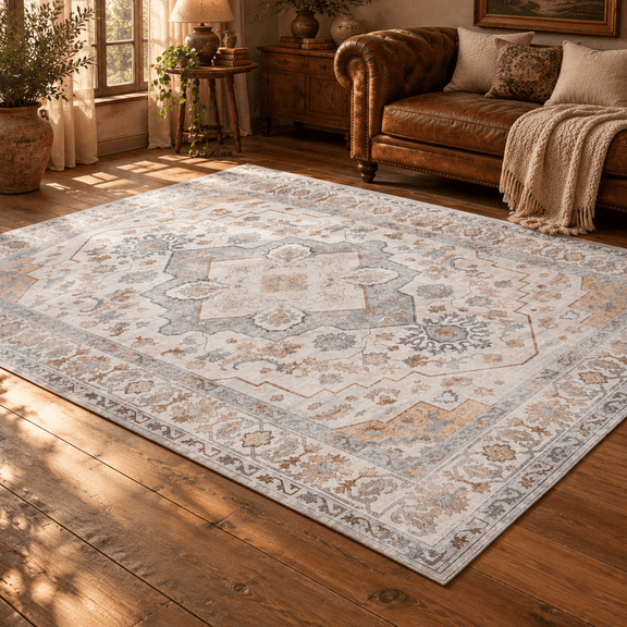 Sonive Brown Gray Vintage Area Rug 4ft x 6ft, Low Pile Non Slip, Accent Rugs for Living Room Bedroom