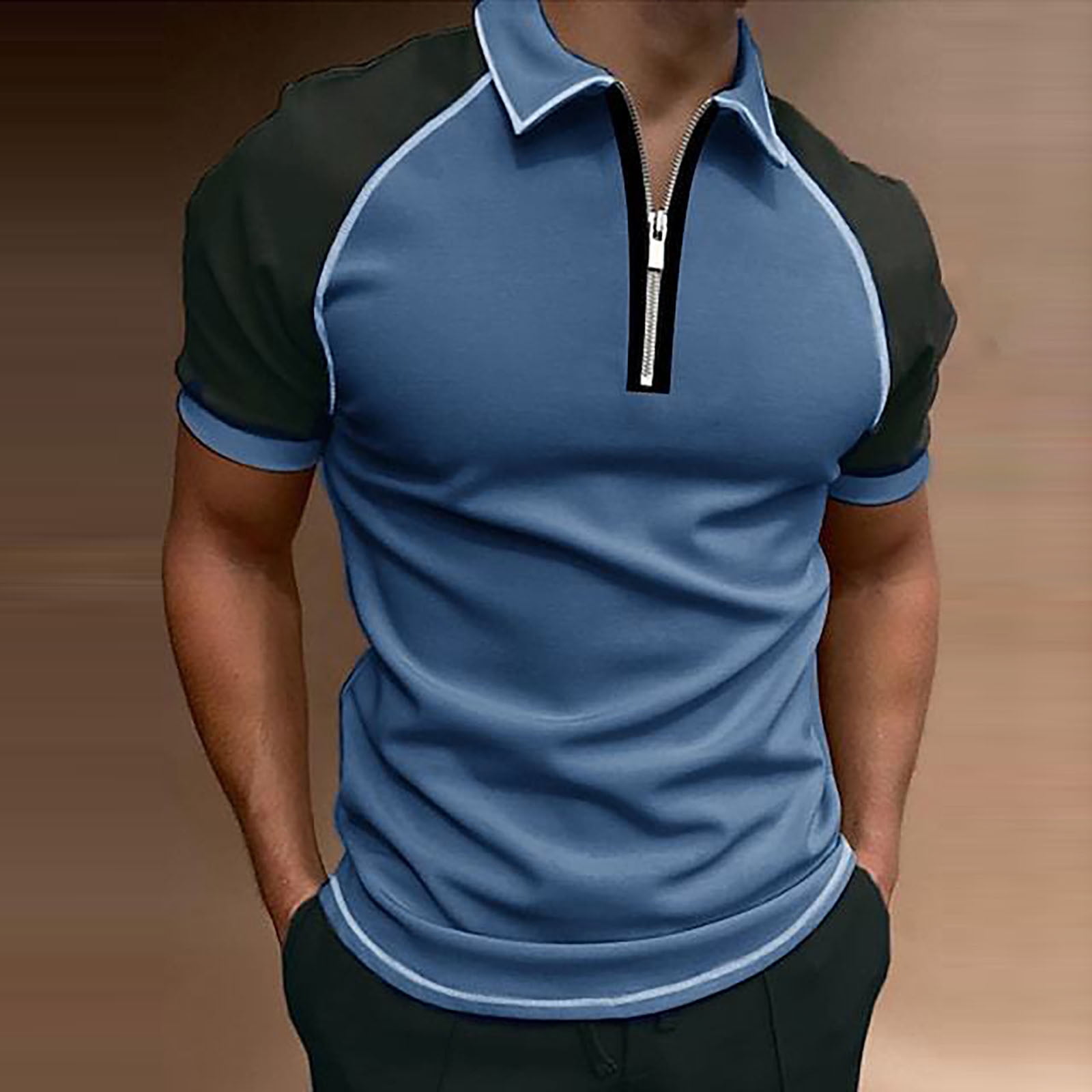 Akiihool Mens Polo Shirts Short Sleeve Slim Fit Mens Collarless Golf Shirts  Short Sleeve Stretch Casual Breathable Lightweight Tshirts (Blue,3XL)