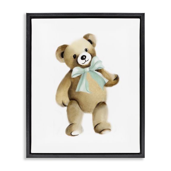 Stupell Industries Cottage Teddy Bear Green Bow Kids Nursery Animal Black Floating Frame Canvas Art, 17 x 21, by Studio Q