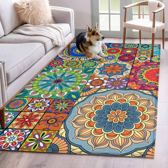 Hallway Runner Rugs 2.7x5 Ft, Colorful Ethnic Non Slip Area Rugs for Kitchen Bedroom Entryway, National Modern Geometric Blue Green Washable Carpet Runner Rug Floor Mats for Bedroom Home Decor