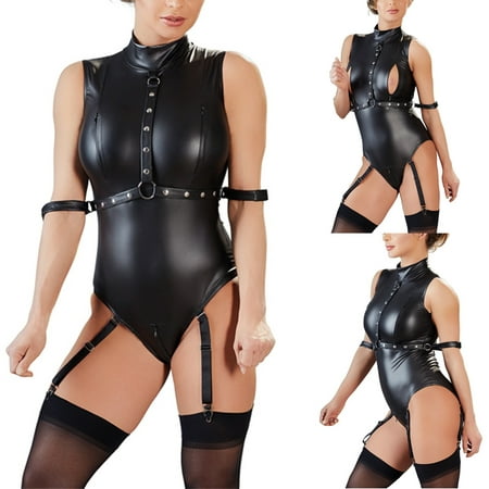 

MRULIC lingerie for women Ladies Underwear Temptation Patent Leather Tights Suspender Bodysuit Black + 3XL