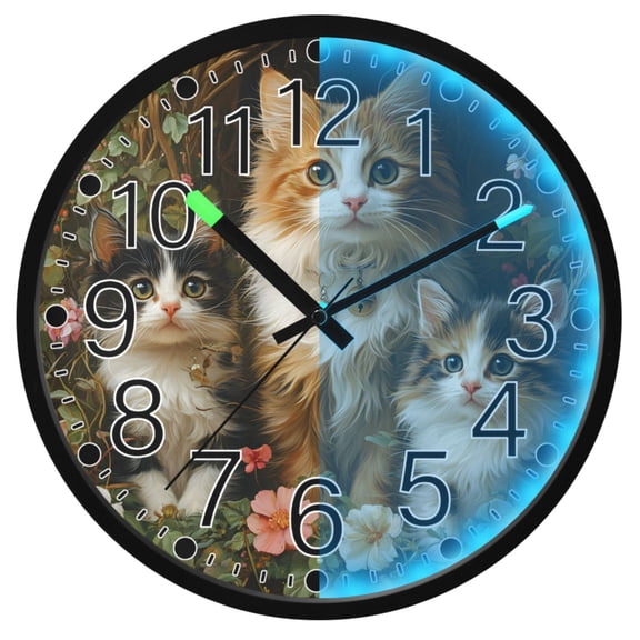 Ryvnso Cute Cats in Garden 12 Inch Night Light Wall Clock Silent Battery Operated Luminous Clocks
