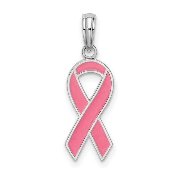 Finest Gold Sterling Silver Polished Enameled Pink Ribbon Pendant