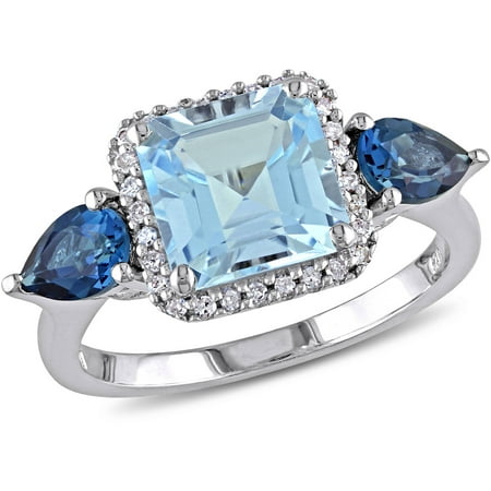 3-3/4 Carat T.G.W. Sky and London Blue Topaz and 1/7 Carat T.W. Diamond Sterling Silver Cocktail Ring