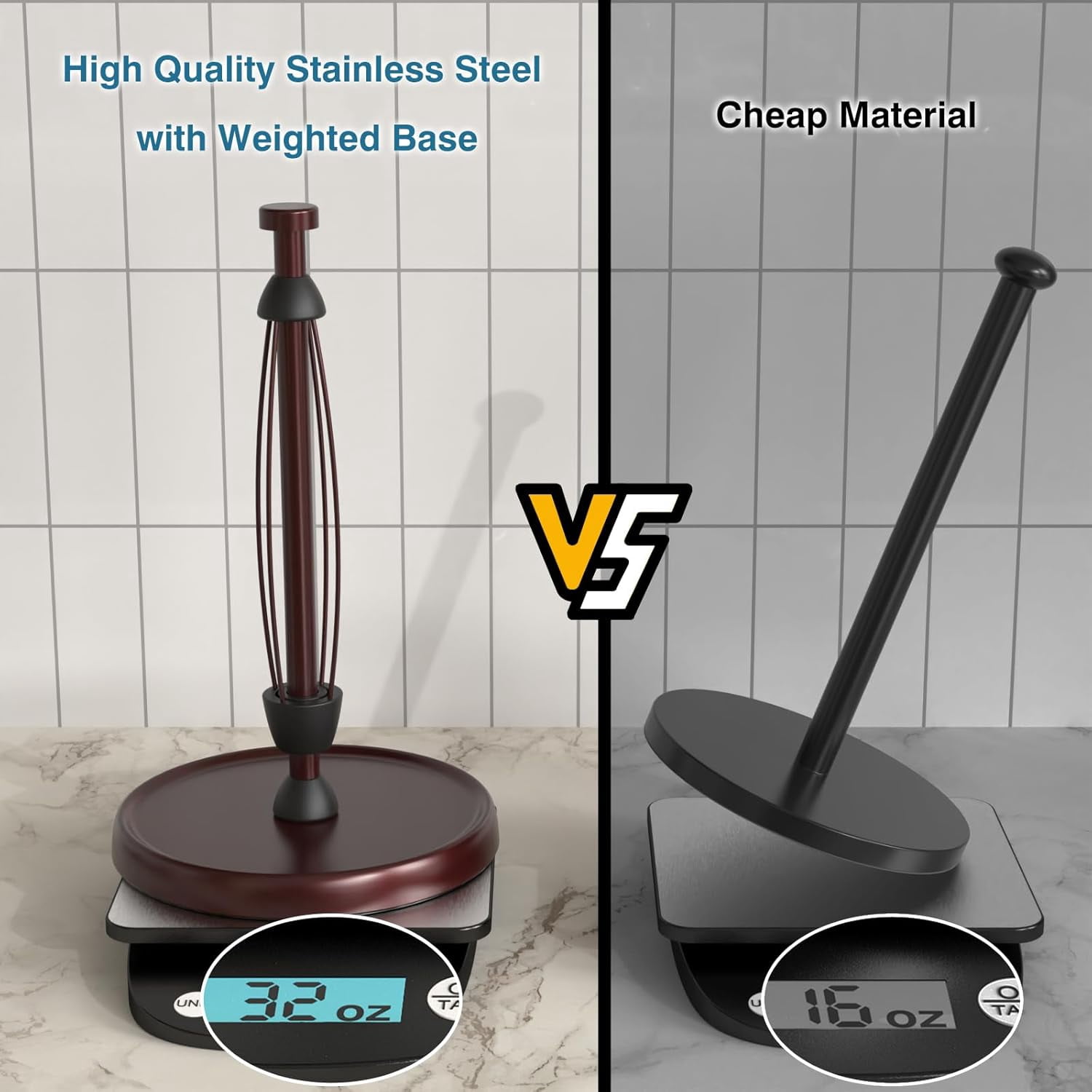 Paper Towel Holder Countertop, White Kitchen Accessories Decor, Stainless Steel, Weighted Base, Paper Towel Roll Holder Stand with Ratchet Mechanism for Kitchen Bathroom Farmhouse Essentials