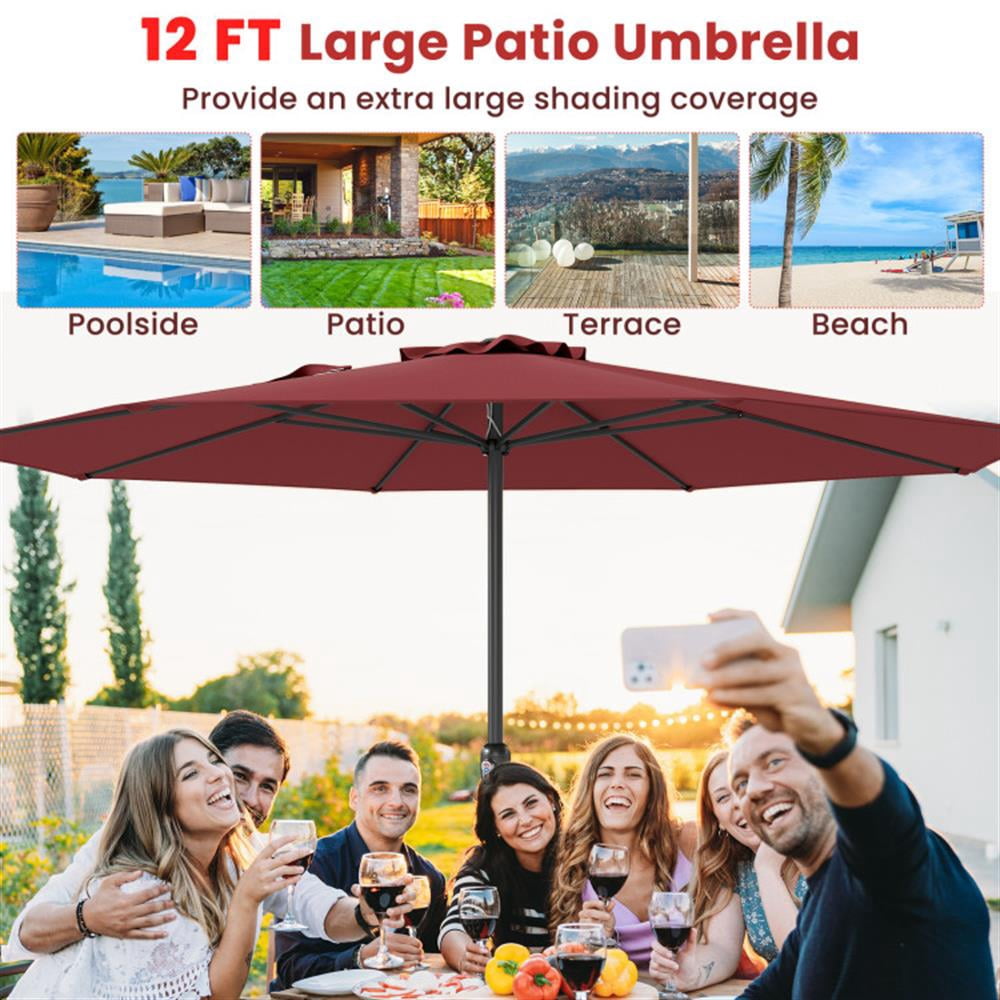 Resenkos Outdoor Garden Umbrella,Market Umbrella,12 Feet Patio Umbrella with Crank Handle and 8 Sturdy Ribs-Red