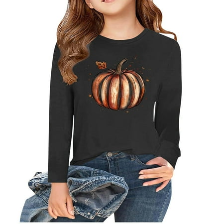 GNFQXSS Kids Pumpkin Graphic Long Sleeve Crew Neck Pullover Relaxed Soft Breathable Comfortable Casual Thanksgiving School Wear Black 8-9Years
