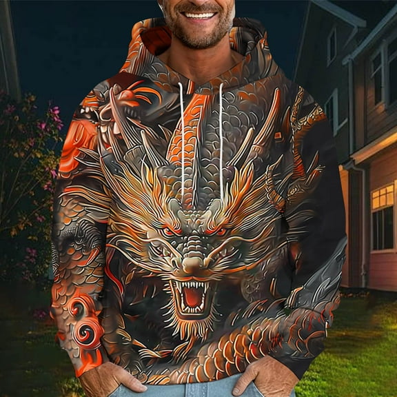 DODADAWANJ Mens Trendy Hoodies Dragon Graphic Pullover Hoodie Big and Tall Hooded Sweatshirt for Workout Resort Everyday XXXL