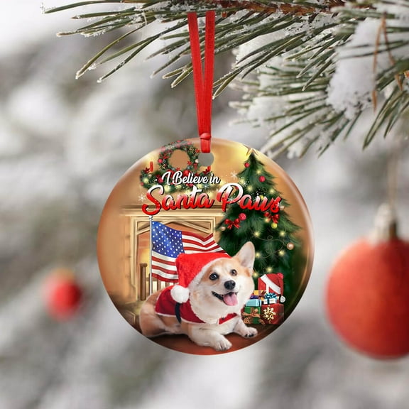 Christmas Ornaments, Corgi Santa Paws Ceramic Ornaments, Christmas Tree Decorations - Circle, 1 Pcs