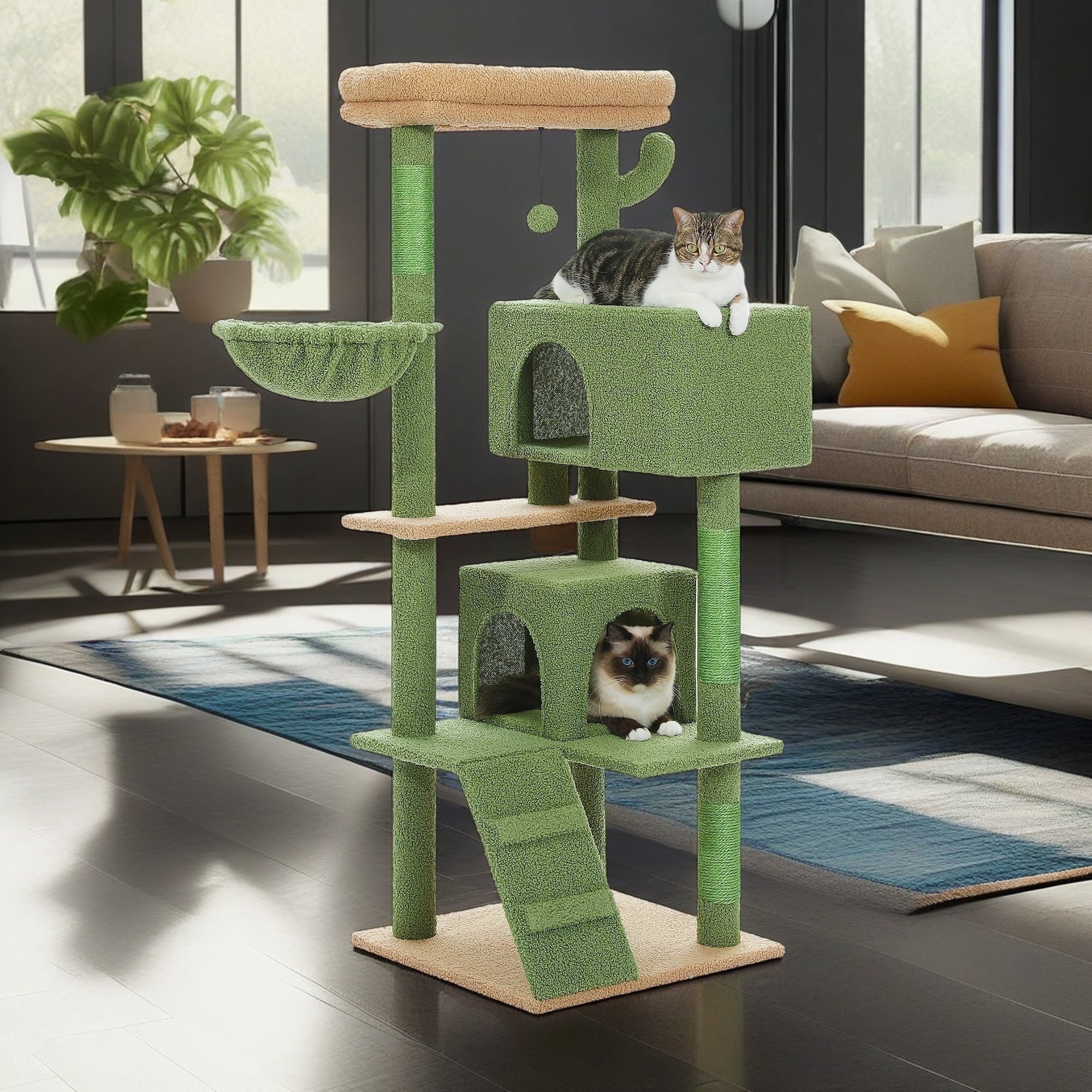 Pefilos 56" Cat Tree Tower for Indoor Cats, Cat Tree House for Multiple Cats with 2 Cozy Condos, Top Perch, Hammock, Climbing ladder and Dangling Ball, Green
