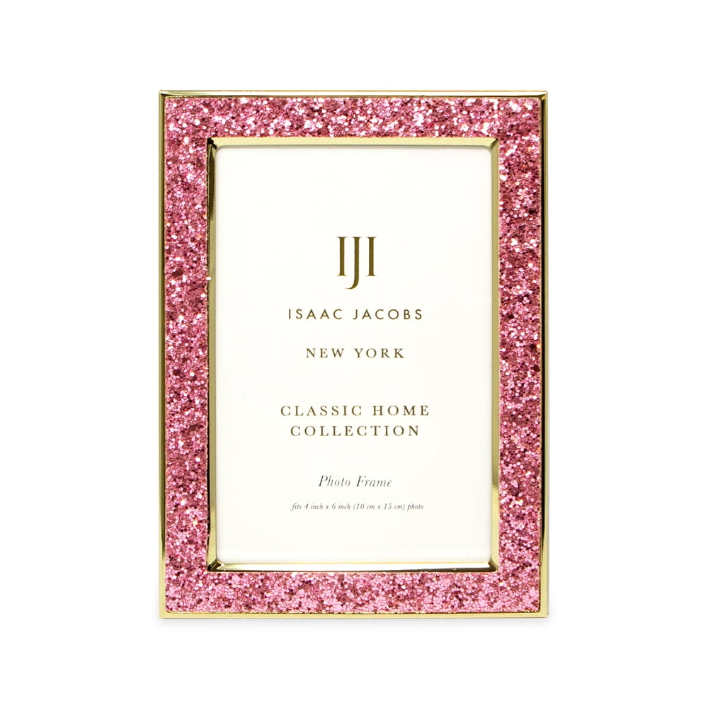 Isaac Jacobs 4x6 Pink Glitter Vertical & Horizontal and Gold Metal Picture Frame, with Black Fabric Easel, Wall-Mountable, Made for Tabletop, Counterspace, Shelf and Desk
