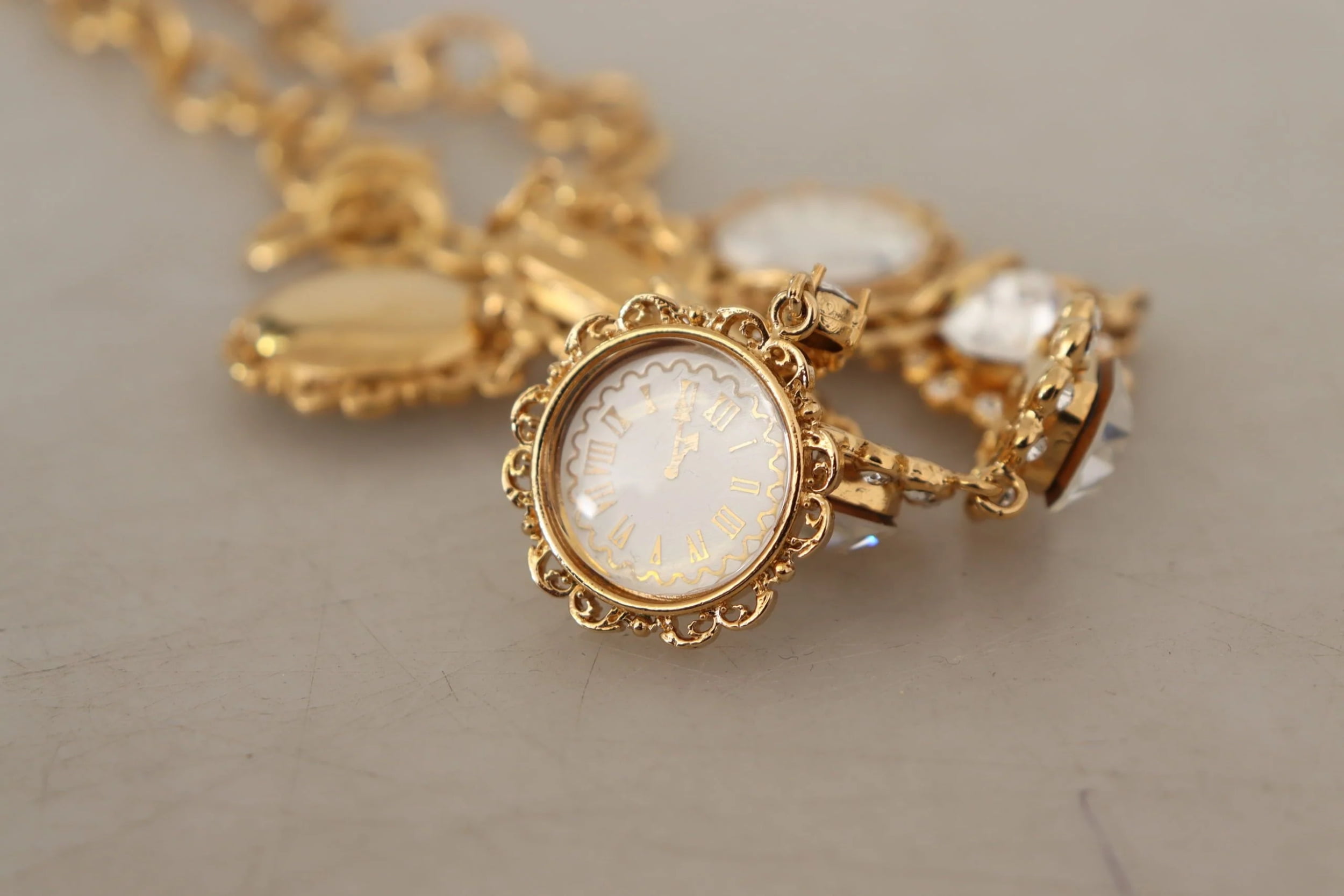 アクセサリー Dolce & Gabbana clock chain necklace Dolce Gabbana Crystal Clock Statement Gold Brass Chain