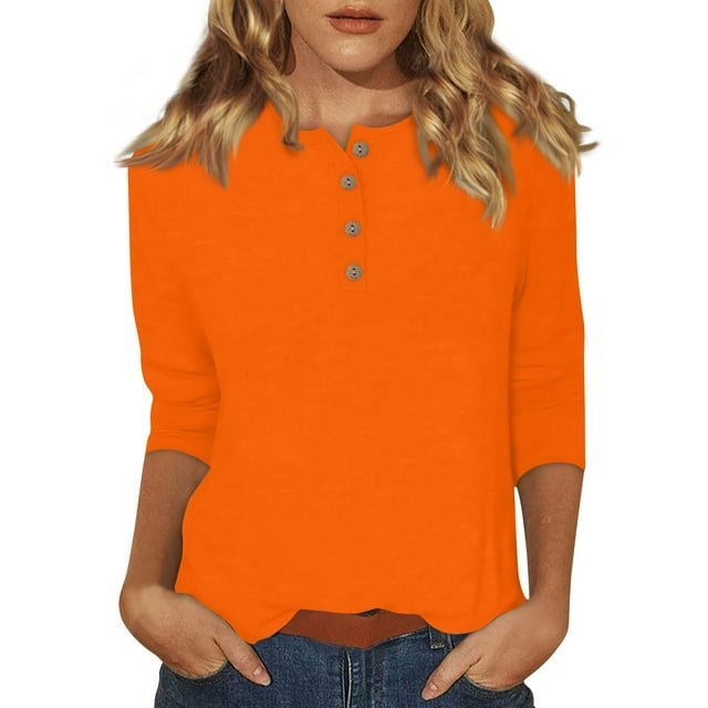 DENGDENG 3/4 Sleeve Tops for Women Dressy Casual Summer Basic Tees Round Neck Elbow Button Down Blouses Solid Color Three Quarter Length Tunics Spring Pullover Orange M