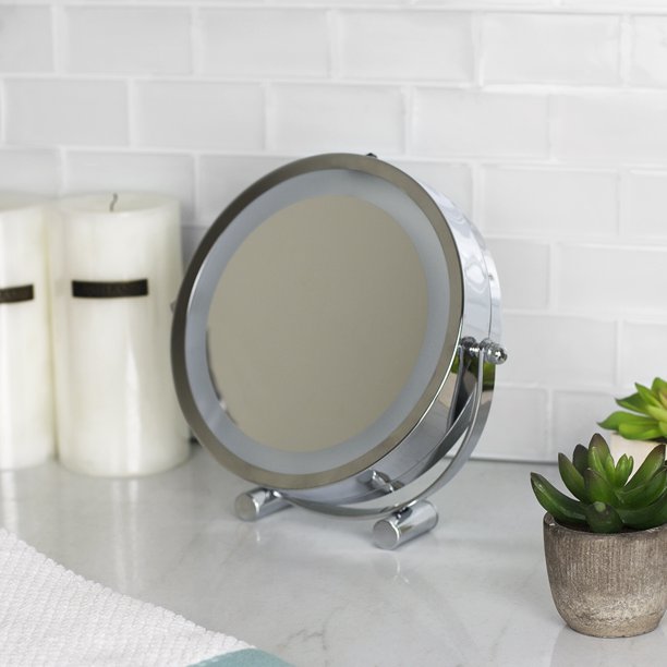 Double Sided Cosmetic Countertop Handheld Mirror with LED Light, Chrome