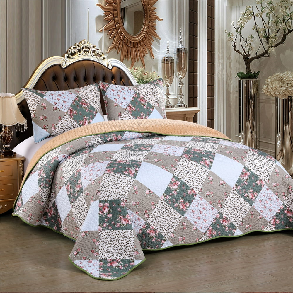 Cozy Line Home Fashions White Brown Green Plaid Floral Patchwork Quilt