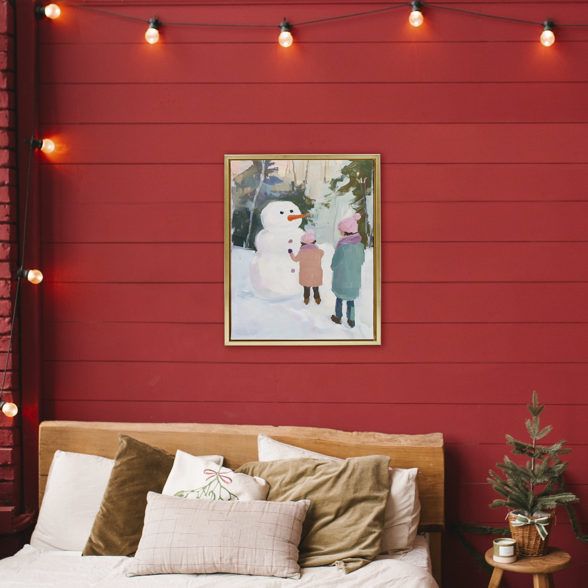 Stupell Industries Two Girls With Snowman Gold Framed Floater Canvas Wall Art, design by The Prints Vibe