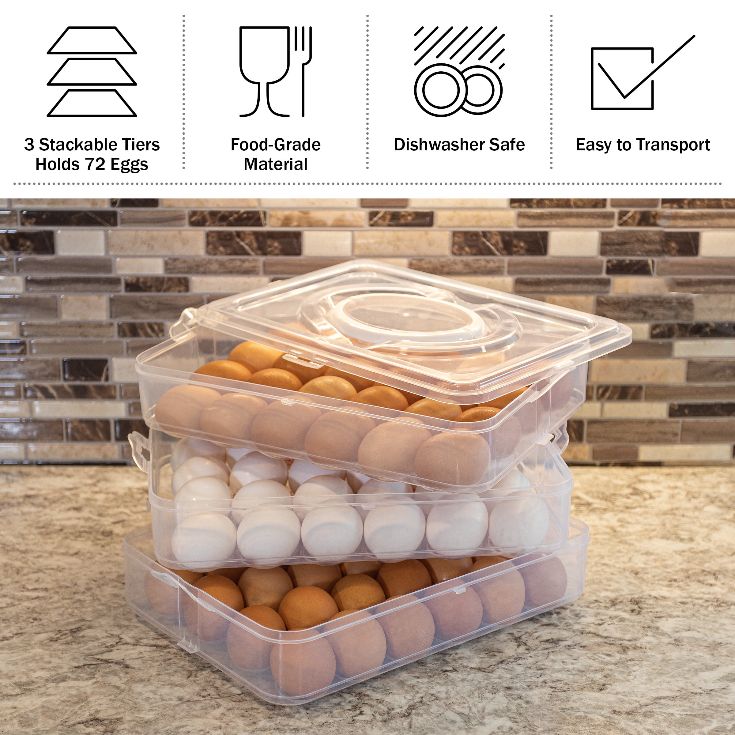 Classic Cuisine 3-Tier Egg Holder with Lid and Handle - Holds 72 Eggs