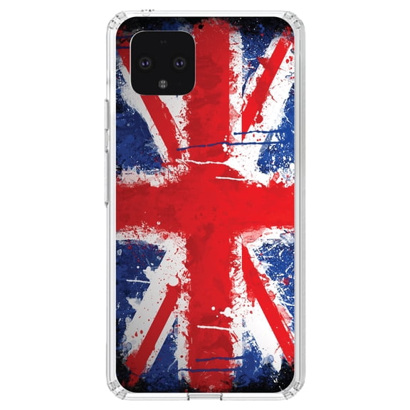 DistinctInk Clear Shockproof Hybrid Case for Google Pixel 4 XL (6.3" Screen) - TPU Bumper, Acrylic Back, Tempered Glass Screen Protector - Red White Blue British Flag Graffiti - Love of the UK